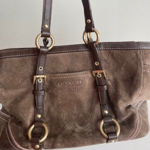 Brown suede Coach tote bag with pink stitching!